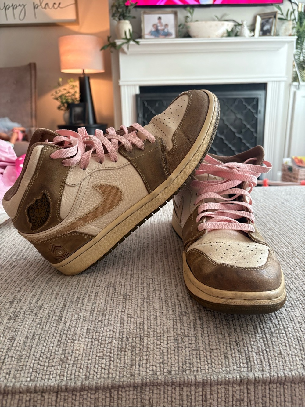 Women's Brown and White High-Top Sneakers with Pink Laces - Picture 3 of 6